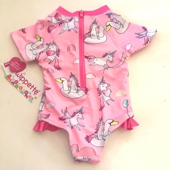 Wippette Baby Girl Unicorn Pink Zip Up Ruffles UPF 50 Swimming Rashguard Sz 0-6M - Picture 2 of 9